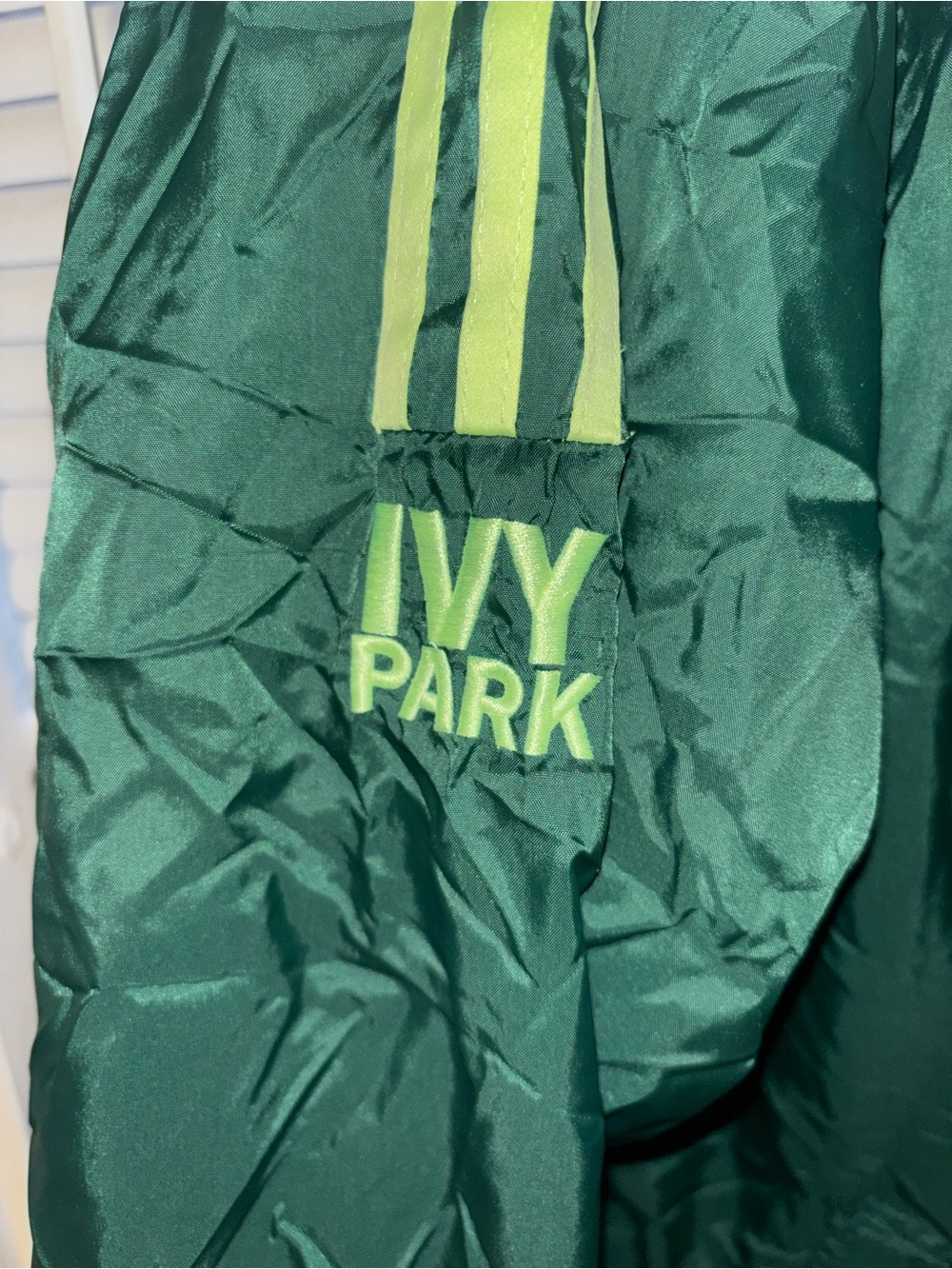 IVY PARK Forest Green Long Raincoat with Lime Stripes, Sz M - Picture 3 of 9